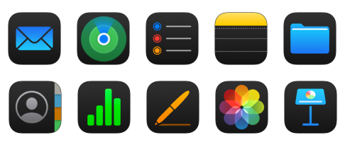 Collection of icons for apps available on iCloud.com, including Mail, Find My and Reminders